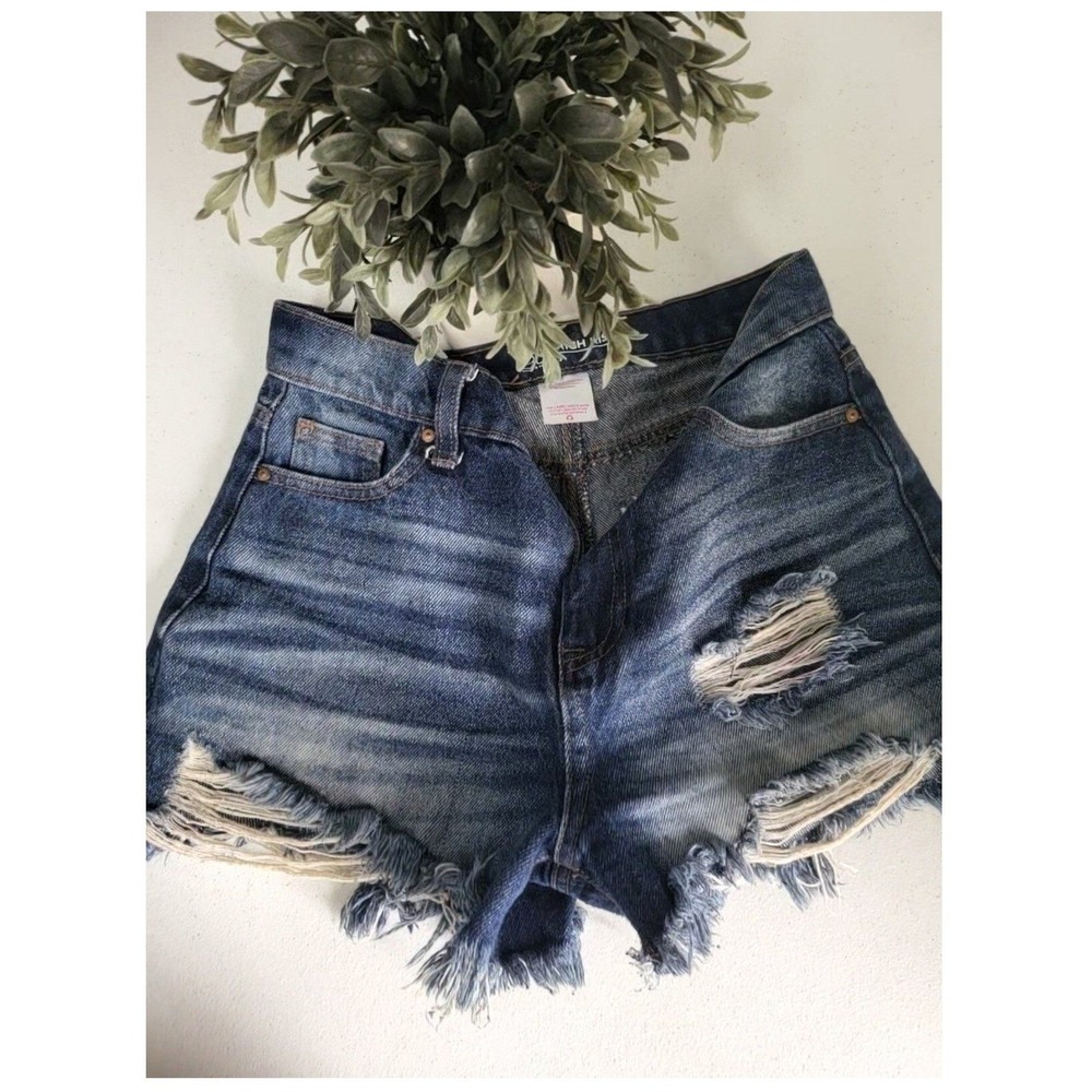No Boundaries High Rise Distressed Denim Shorts Dark Wash Frayed Hem Size 0 - Picture 6 of 6